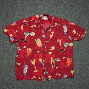 VINTAGE‎ Paradise Found Shirt Mens Large Red Hawaiian Rayon Cocktails Drinks